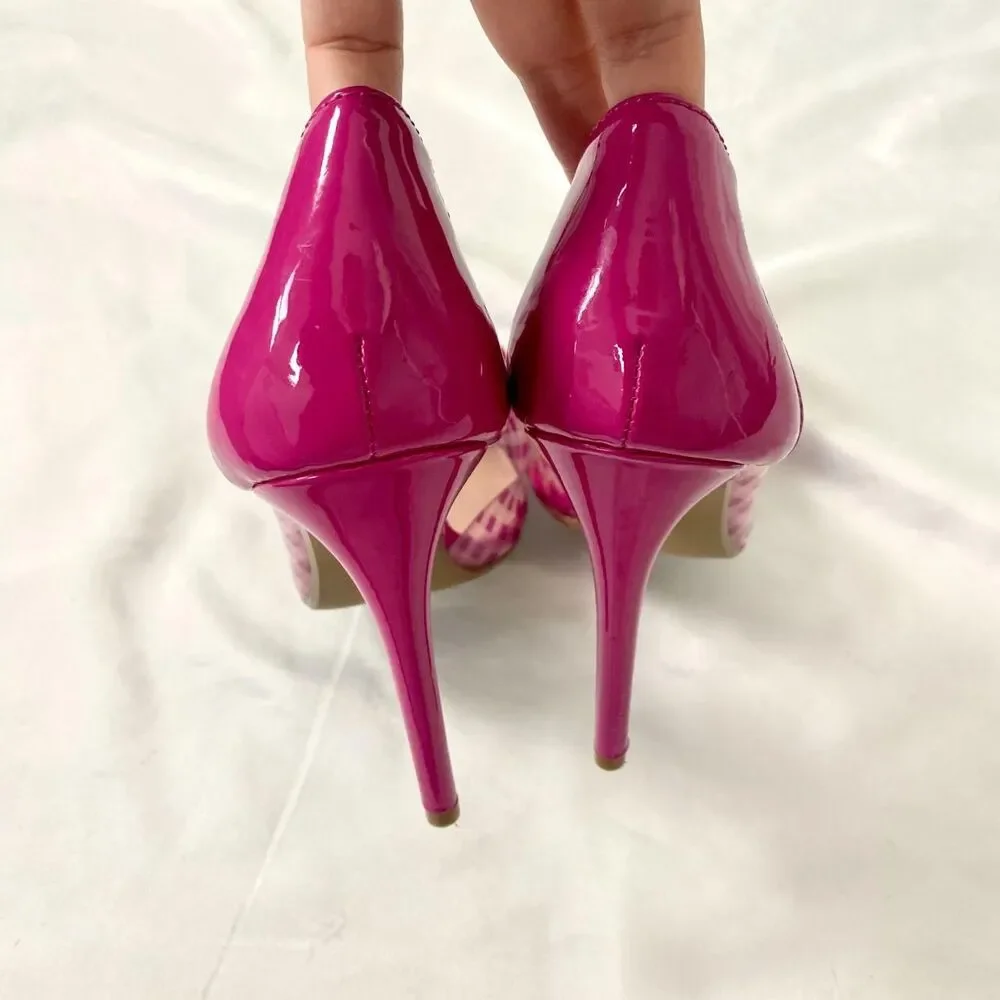BETSEY JOHSON Fuchsia Checkered Kaison Pointed-Toe Stiletto Heel Bow Pumps 7.5 - Picture 6 of 6